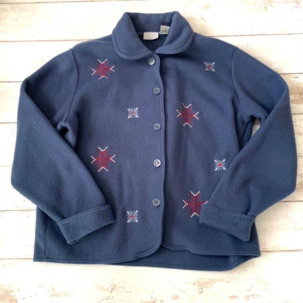 Women’s M Fleece Button Up Peter Pan Collar Sweater Blue Snowflakes Print Medium